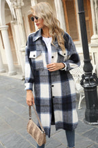 Women's Checked Longline Shacket Coat with Rounded Hem and Patch Breast Pockets Fashion Glam