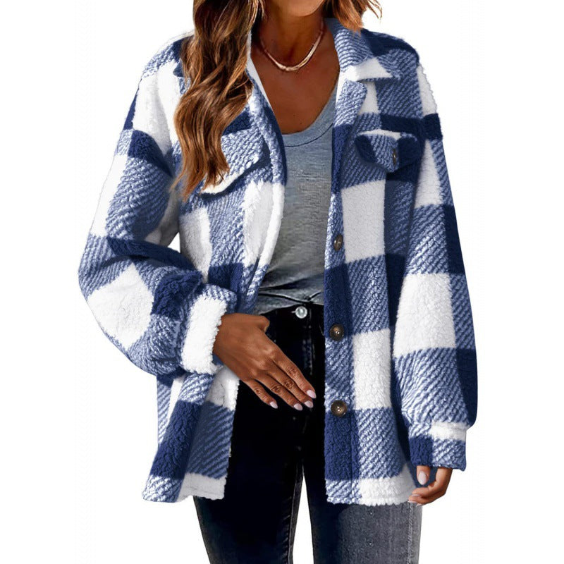Women's Checkered Teddy Shirt Jacket in Oversized Shacket Style Fashion Glam