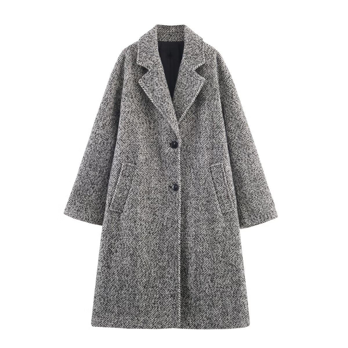 Women Oversized Coat with Herringbone Pattern and Deep Lapel Collar Fashion Glam