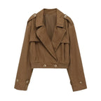 Women's Short Cut Utility Jacket in Field Style with Wide Lapels and Tailored Waistband Fashion Glam