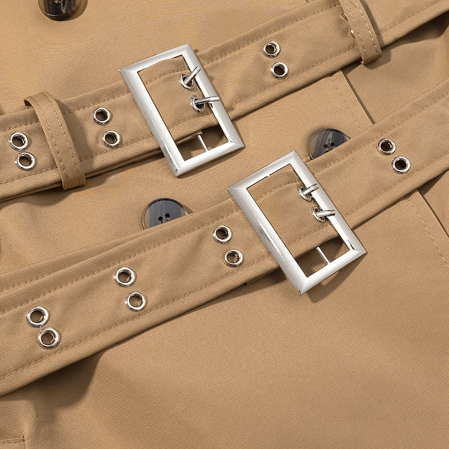 Women's Tailored Double Belt Trench Coat with Oversized Sleeves Fashion Glam