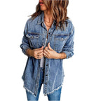 Women's Oversized Denim Jacket with Flap Pockets, Used Look and Raw Hem Fashion Glam