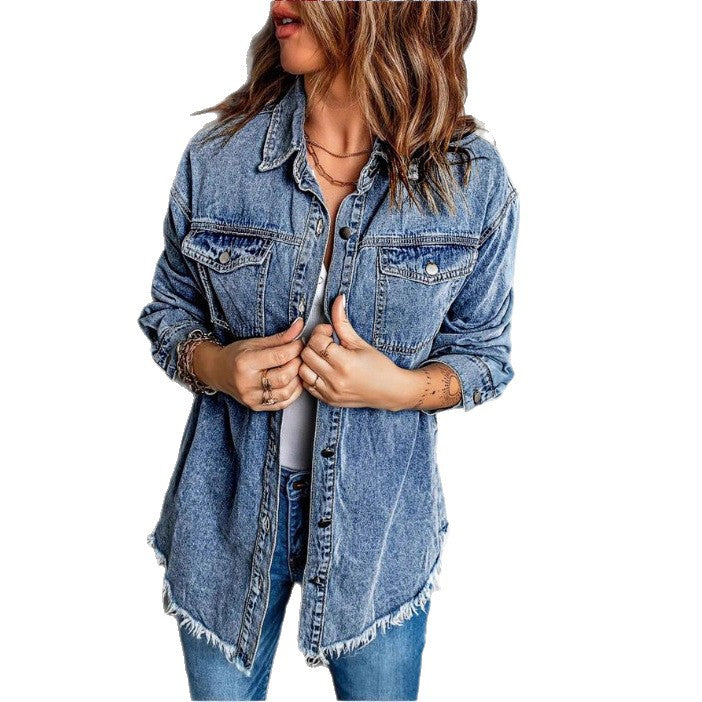 Women's Oversized Denim Jacket with Flap Pockets, Used Look and Raw Hem Fashion Glam