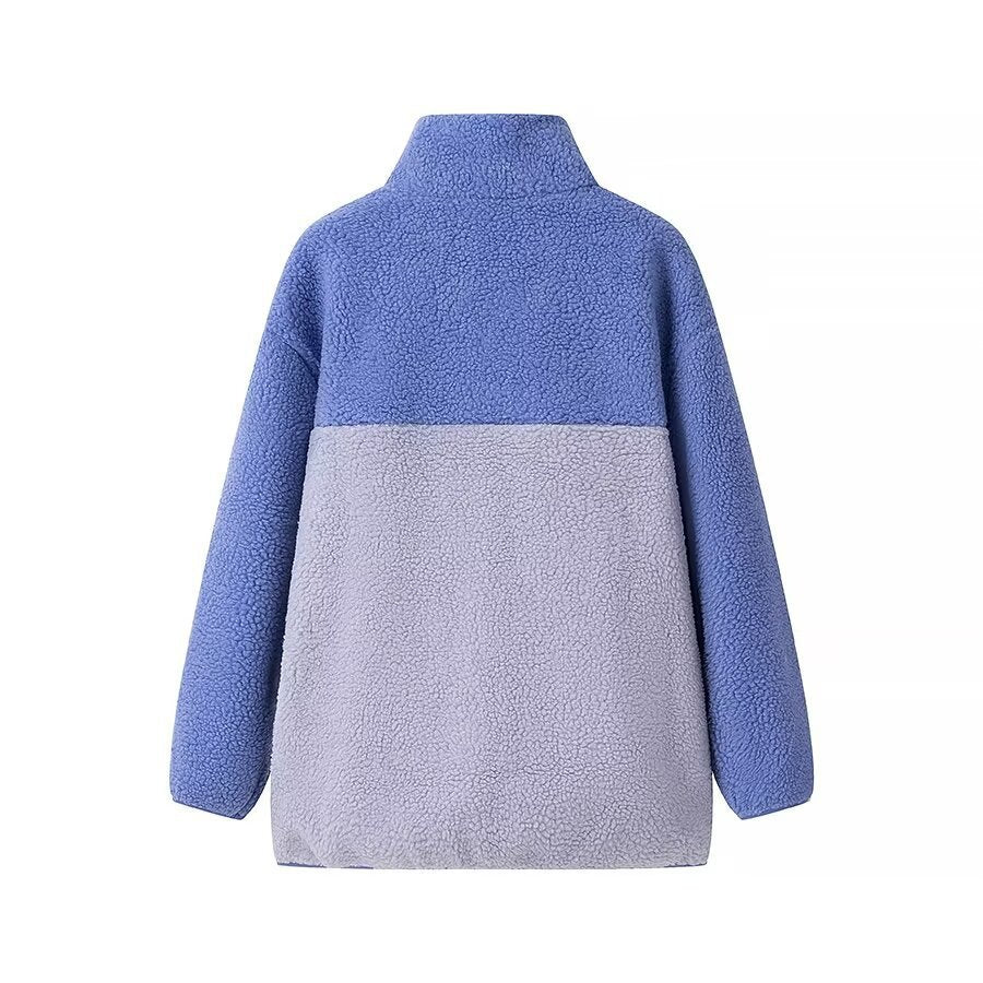 Women Oversize Teddy Fleece Jacket with Standing Collar, Full Zip and Nylon Chest Pocket Fashion Glam