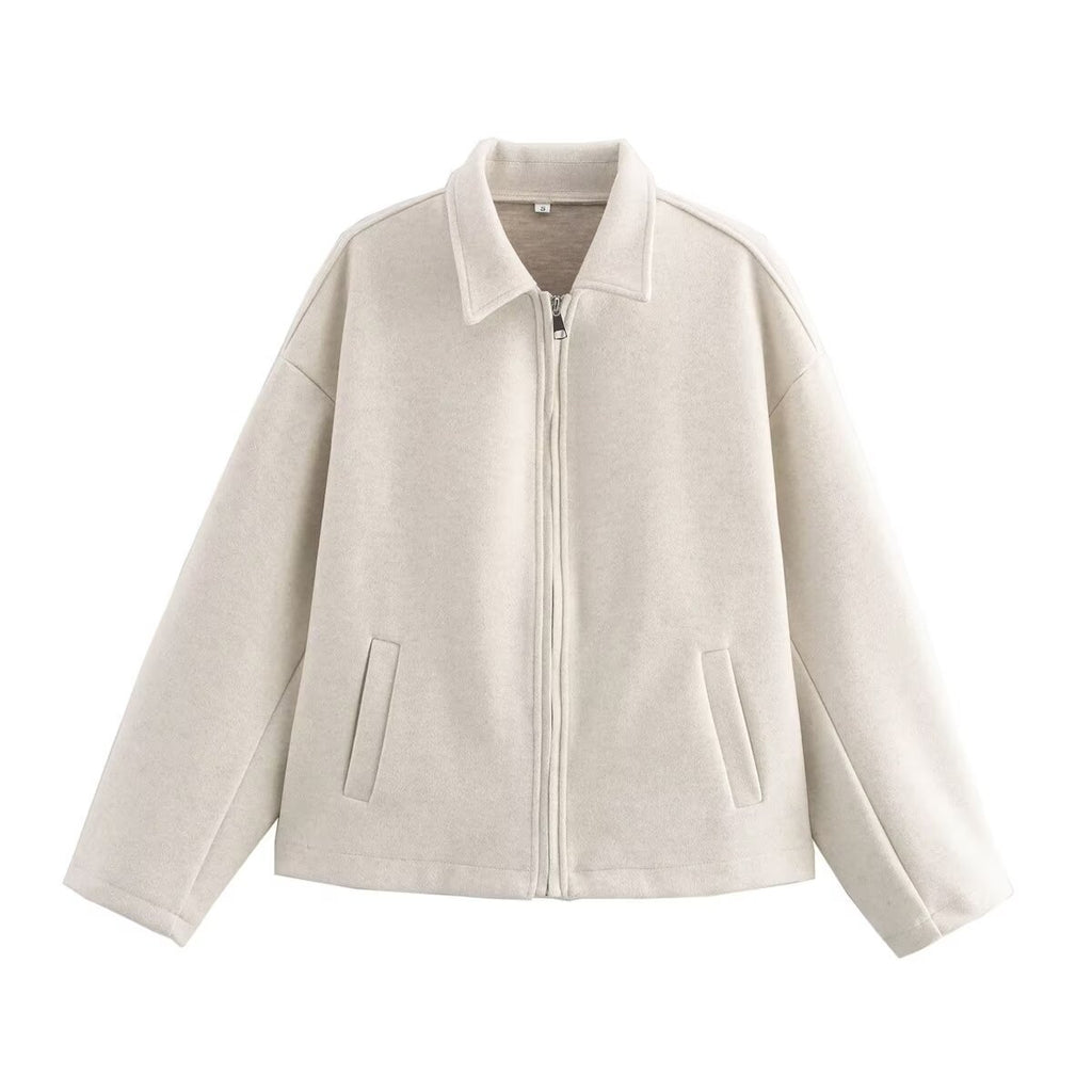 Ladies Oversize Wool Blend Cropped Jacket with Zipper and Shirt Collar Fashion Glam