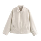 Ladies Oversize Wool Blend Cropped Jacket with Zipper and Shirt Collar Fashion Glam