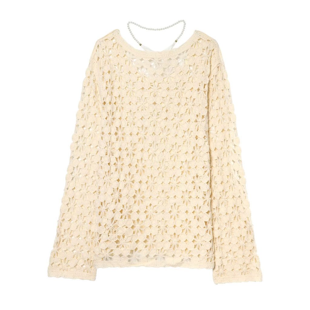 Women crocheted floral sweater with round neckline and lace pattern Fashion Glam