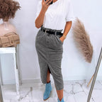 Women's High-Waisted Paperbag Denim Midi Skirt with Front Slit and Tied Belt Fashion Glam