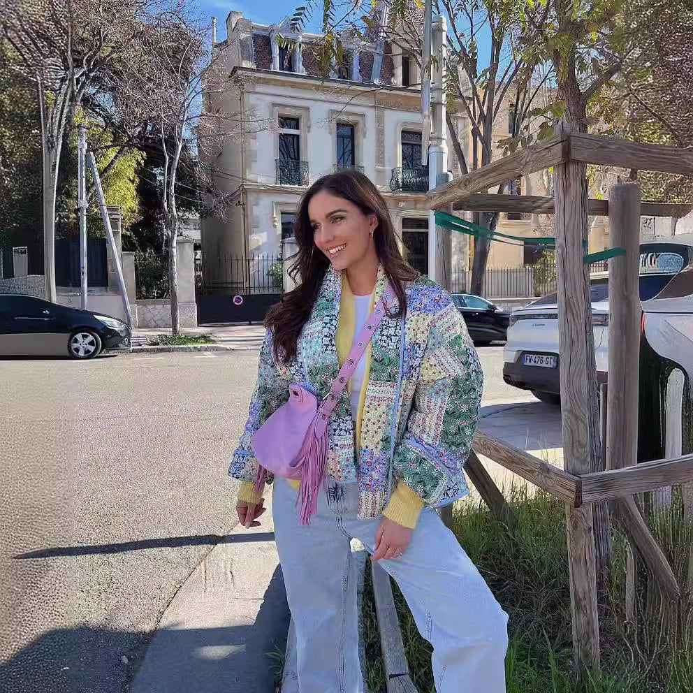 Ladies quilted patchwork quilted jacket with open shawl collar and patch pockets Fashion Glam