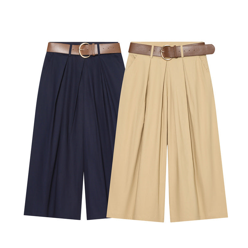 Women's High-Waisted Culotte Pants with Wide Leg, Knife Pleats and Round Buckle Belt Fashion Glam