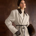 Women's Tailored Wool Blend Coat with Herringbone Structure, Contrasting Leather Collar and Tie Belt Fashion Glam