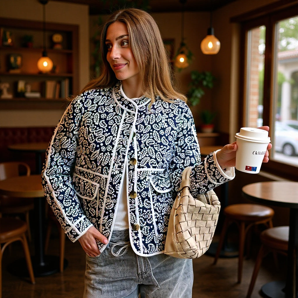 Women's quilted padded jacket with stand-up collar, contrasting piping, and patch pockets Fashion Glam