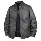 Men's Vintage Leather Look Bomber Jacket with Stand-up Collar and Zipper Fashion Glam
