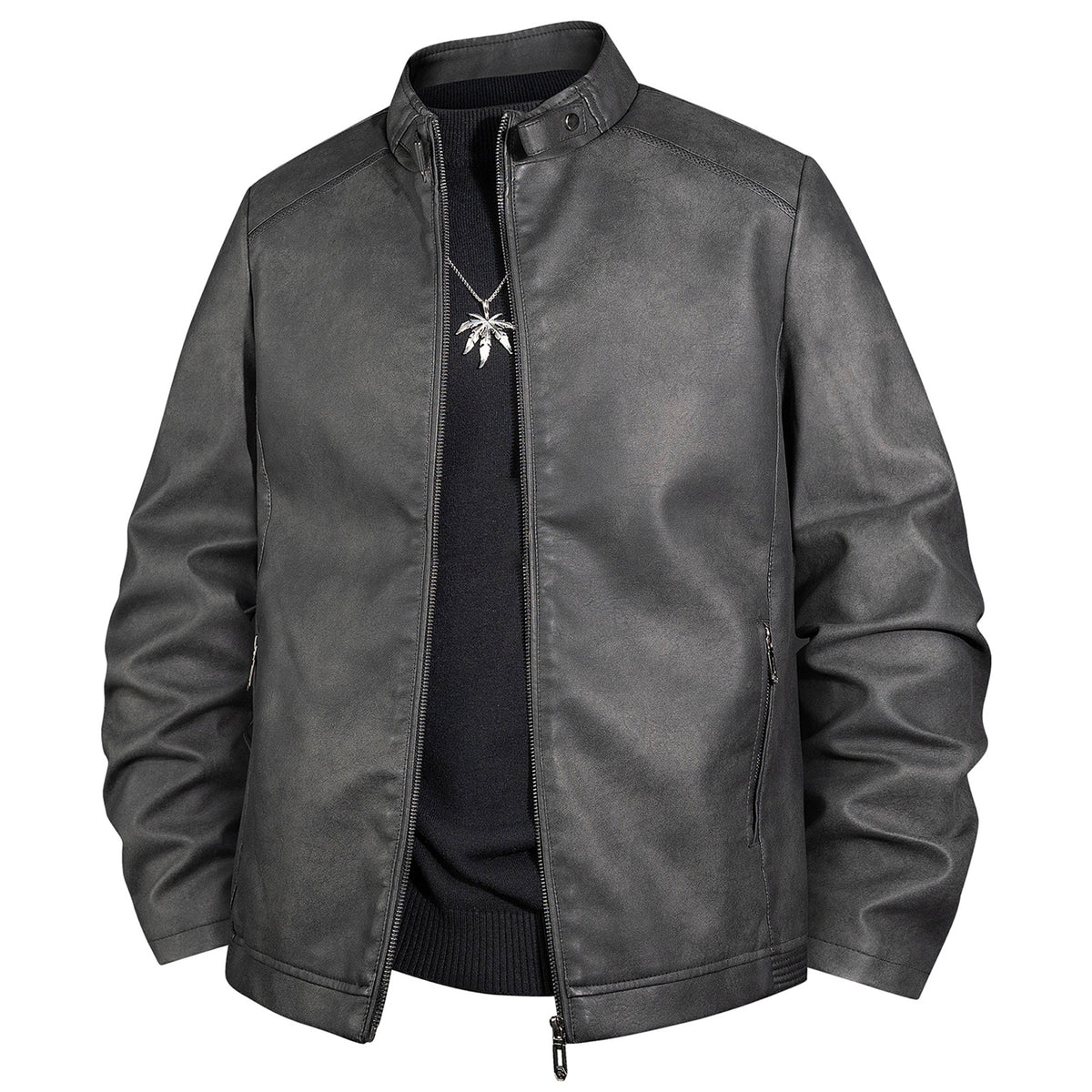 Men's Vintage Leather Look Bomber Jacket with Stand-up Collar and Zipper Fashion Glam