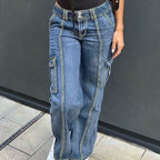 Women's high-waisted cargo jeans with vertical decorative seams and wide leg Fashion Glam