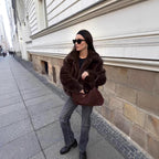 Women's Short Boxy Faux Fur Blouson with Classic Lapel Collar and Silky Lining Fashion Glam