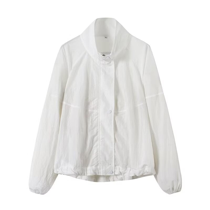 Women's Lightweight Wind and Travel Jacket with Stand Collar, Concealed Snap Placket and Drawstring Hem Fashion Glam