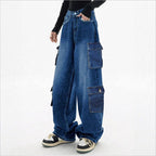 Ladies Loose High-Waist Cargo Jeans in Baggy Cut with Multiple Pockets Fashion Glam