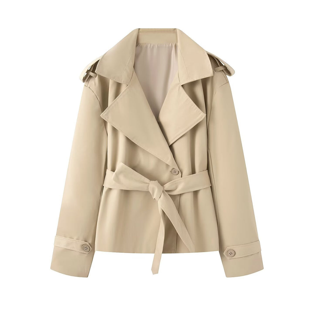 Women's Short Cut Trench Coat with Waist Belt and Wide Lapels Fashion Glam