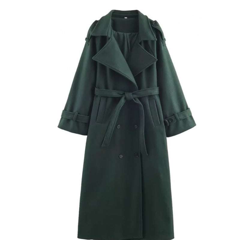 Women’s long double-breasted wool blend trench coat with belt and wide lapels Fashion Glam
