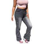 Ladies High-Waisted Flared Jeans with Butterfly Embroidery, Raw Hem and Sculpting Stretch Waistband Fashion Glam