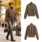 Women Short Cut Suede Look Bomber Jacket with Stand-Up Collar and Large Flap Pockets Fashion Glam