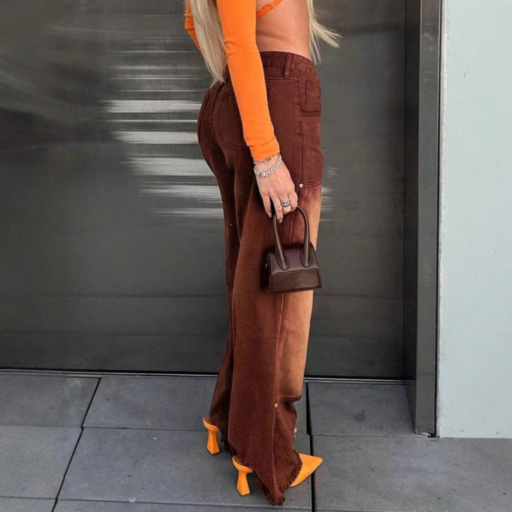 Women wide patchwork jeans with high waist and frayed hem Fashion Glam