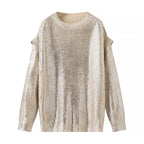 Women's Shimmering Oversized Knit Sweater with Cut-Out Shoulders Fashion Glam