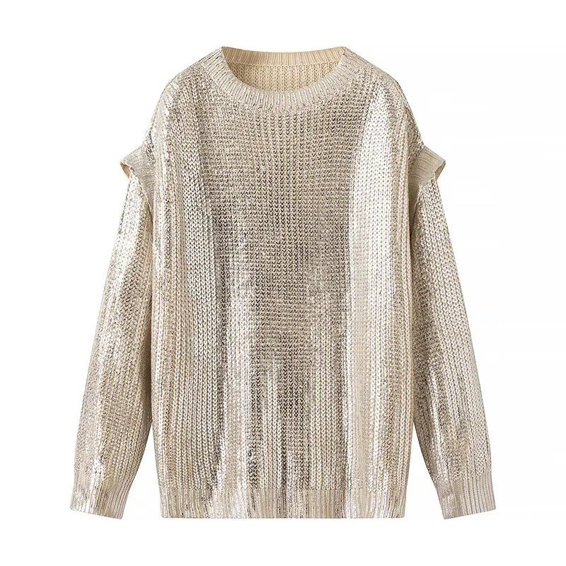 Women's Shimmering Oversized Knit Sweater with Cut-Out Shoulders Fashion Glam