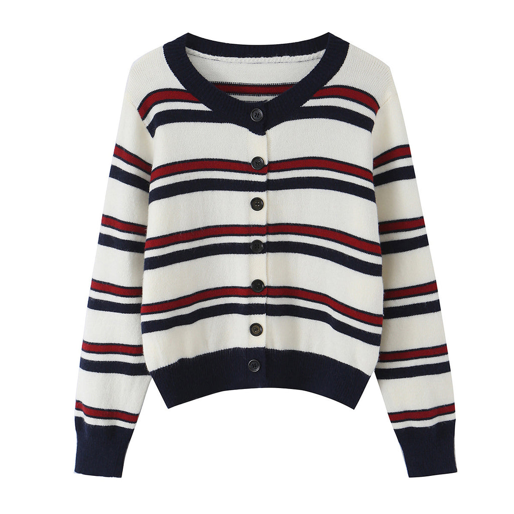 Ladies Striped Cardigan with Button Placket and Ribbed Hem Fashion Glam