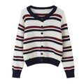 Ladies Striped Cardigan with Button Placket and Ribbed Hem Fashion Glam