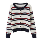 Ladies Striped Cardigan with Button Placket and Ribbed Hem Fashion Glam