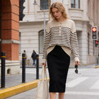 Women's Striped Fine Knit Henley Sweater with Dropped Shoulder and Ribbed Hem Fashion Glam
