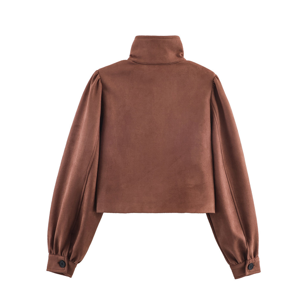 Women's short-cut suede-look jacket with stand-up collar, balloon sleeves, and pocket flaps Fashion Glam
