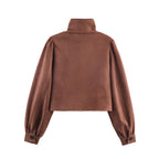 Women's short-cut suede-look jacket with stand-up collar, balloon sleeves, and pocket flaps Fashion Glam