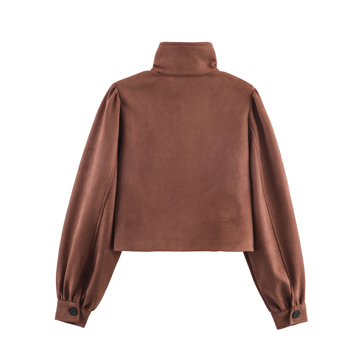 Women's short-cut suede-look jacket with stand-up collar, balloon sleeves, and pocket flaps Fashion Glam