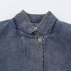 Women's Cropped Jeans Jacket in Boxy Cut with Stand-Up Collar and Three-Quarter Sleeves Fashion Glam