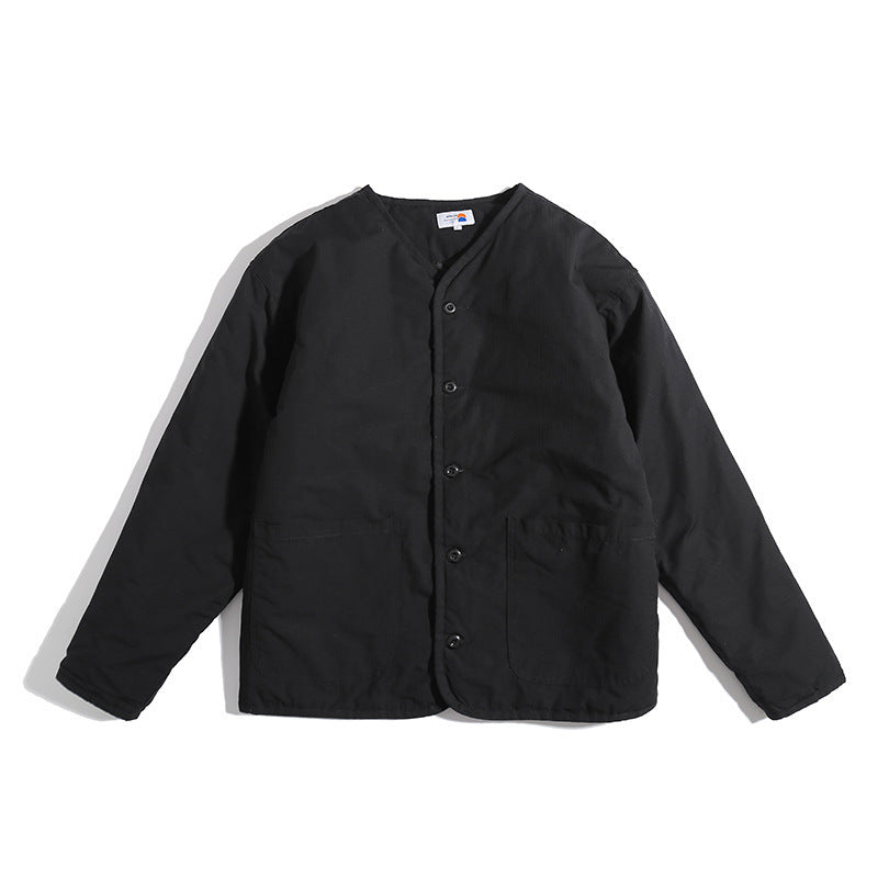 Unisex Lightly Quilted Round Neck Transitional Jacket with Button Placket and Patch Pockets Fashion Glam