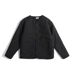 Unisex Lightly Quilted Round Neck Transitional Jacket with Button Placket and Patch Pockets Fashion Glam
