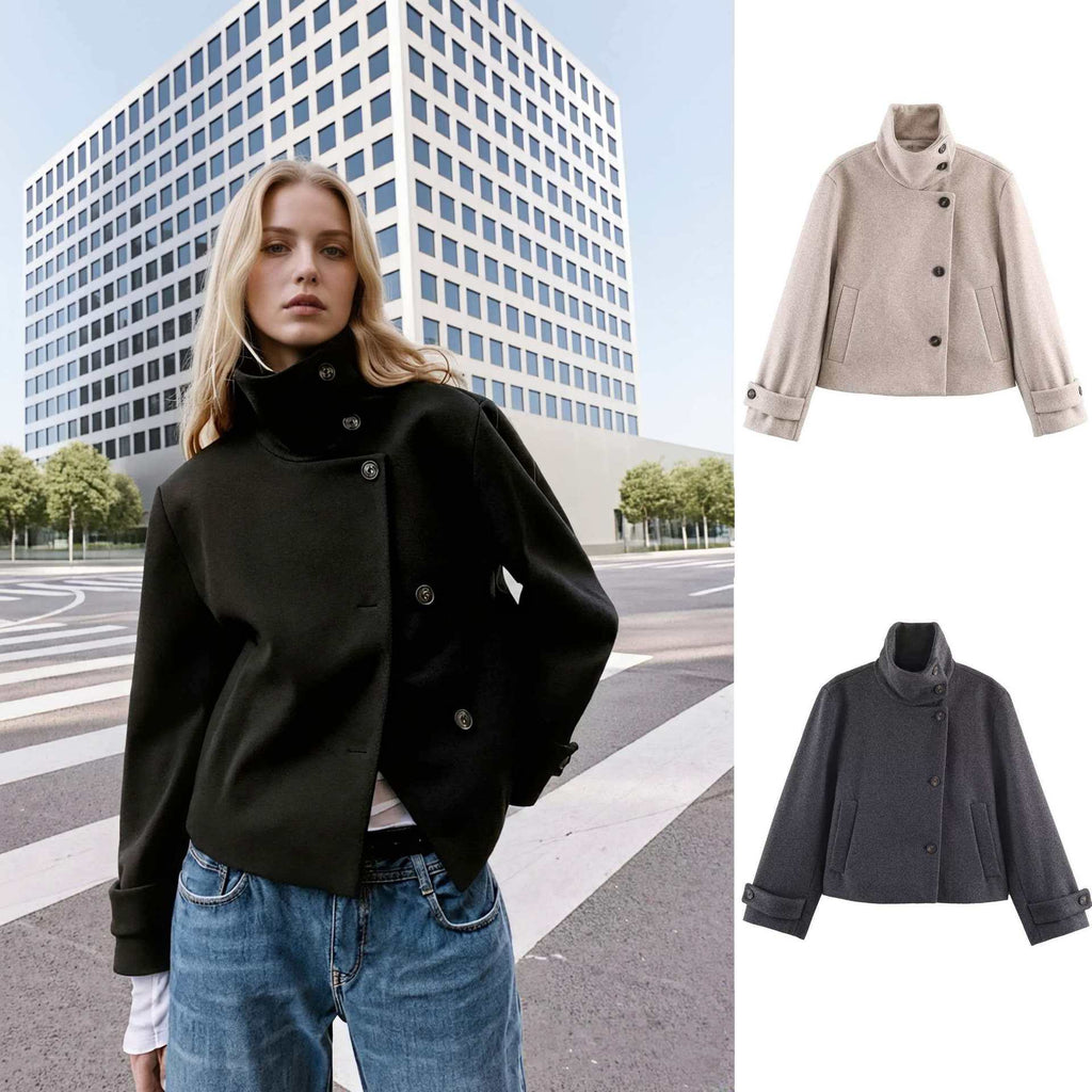 Ladies' short wool coat with high stand-up collar, asymmetrical button placket, and adjustable cuff straps Fashion Glam