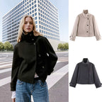 Ladies' short wool coat with high stand-up collar, asymmetrical button placket, and adjustable cuff straps Fashion Glam