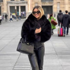 Women Short Cropped Faux Fur Blouson with Voluminous Shawl Collar and Soft Inner Lining Fashion Glam