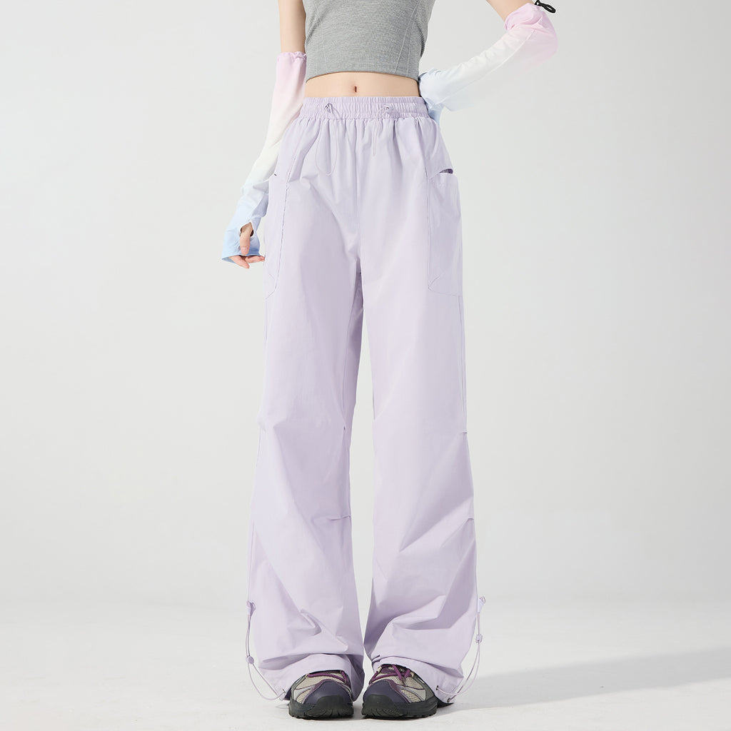 Women's Wide Technical Cargo Pants with Drawstring Waistband, Adjustable Hem, and Multifunctional Pockets Fashion Glam