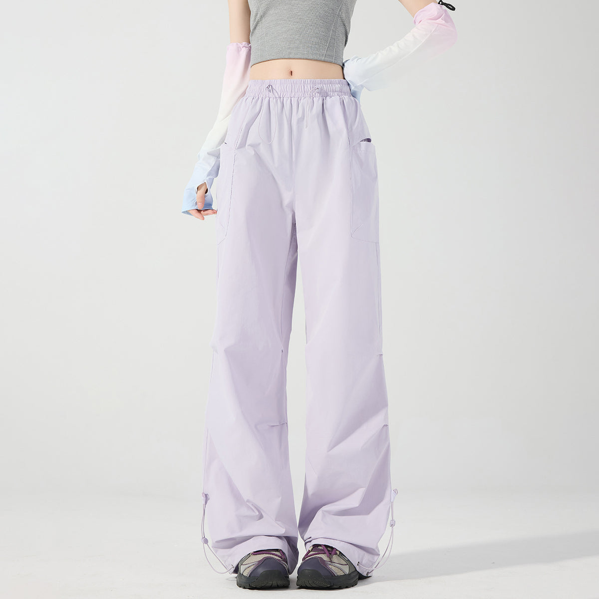 Women's Wide Technical Cargo Pants with Drawstring Waistband, Adjustable Hem, and Multifunctional Pockets Fashion Glam