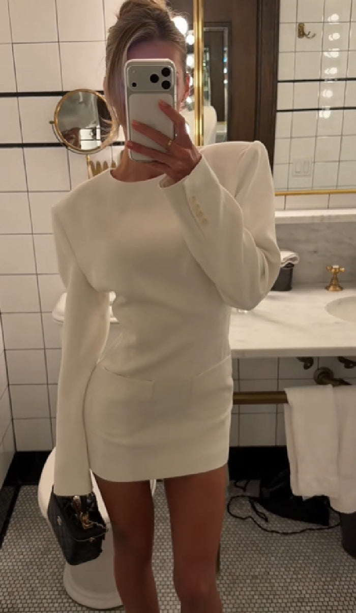 Women Figure-Hugging Long Sleeve Mini Dress with Emphasized Shoulder Area and Patch Pockets Fashion Glam
