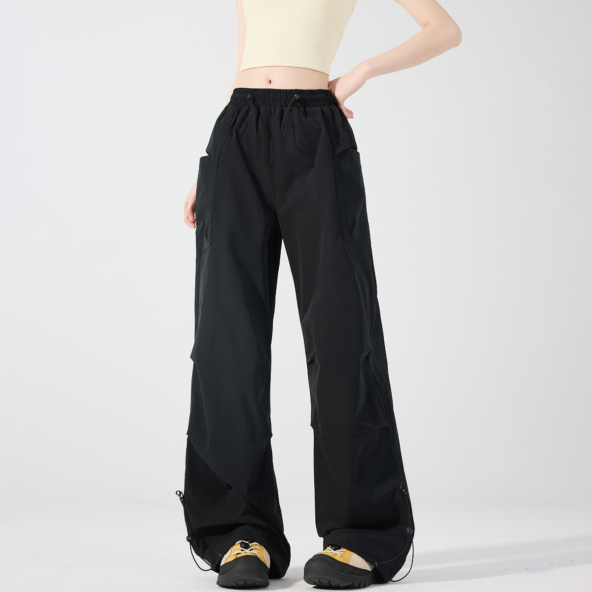 Women's Wide Technical Cargo Pants with Drawstring Waistband, Adjustable Hem, and Multifunctional Pockets Fashion Glam