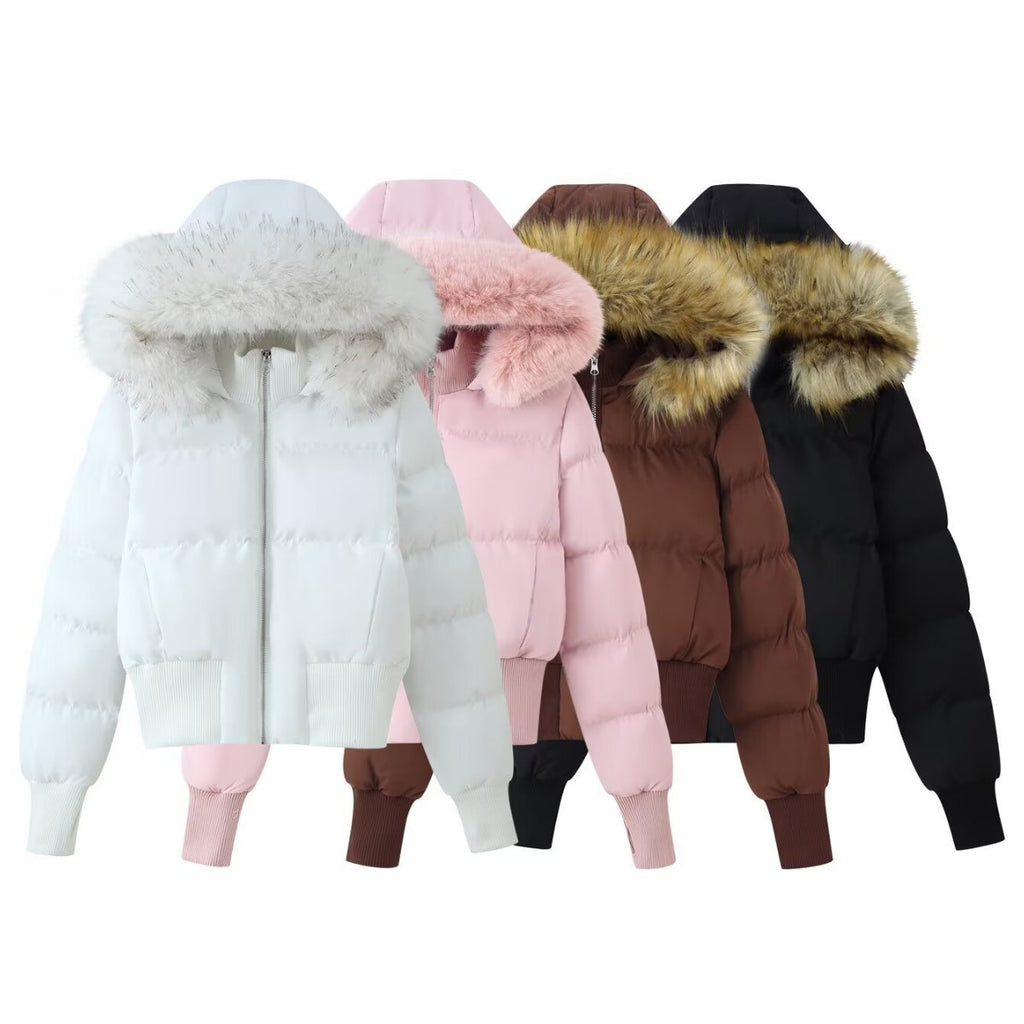 Women's Padded Cropped Bomber Jacket with Hood and Removable Faux Fur Trim Fashion Glam