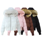 Women's Padded Cropped Bomber Jacket with Hood and Removable Faux Fur Trim Fashion Glam