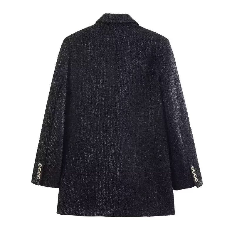 Women Double-Breasted Boucle Coat with Shawl Collar and Patching Pockets Fashion Glam