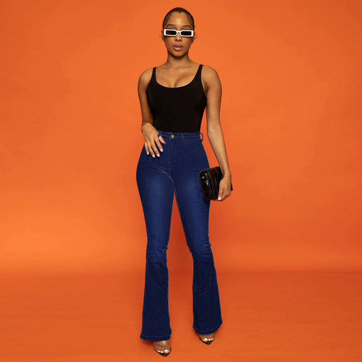 Ladies' high-waisted fitted flared jeans made of stretch denim with flared leg Fashion Glam